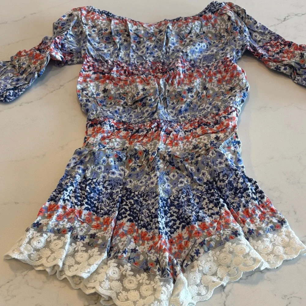 Chic Kids Off-Shoulder Romper in Blue and Red